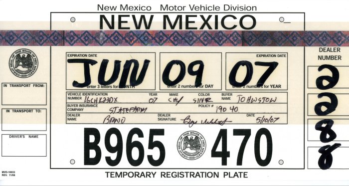 New Mexico Temporary License Plates